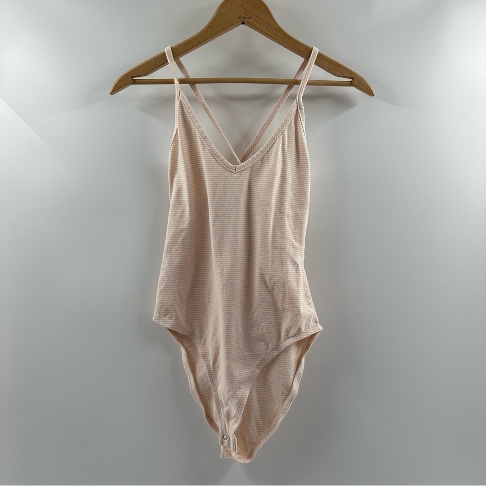 Forever 21 Light Pink & White Striped Bodysuit – Crisscross Back, Size Medium